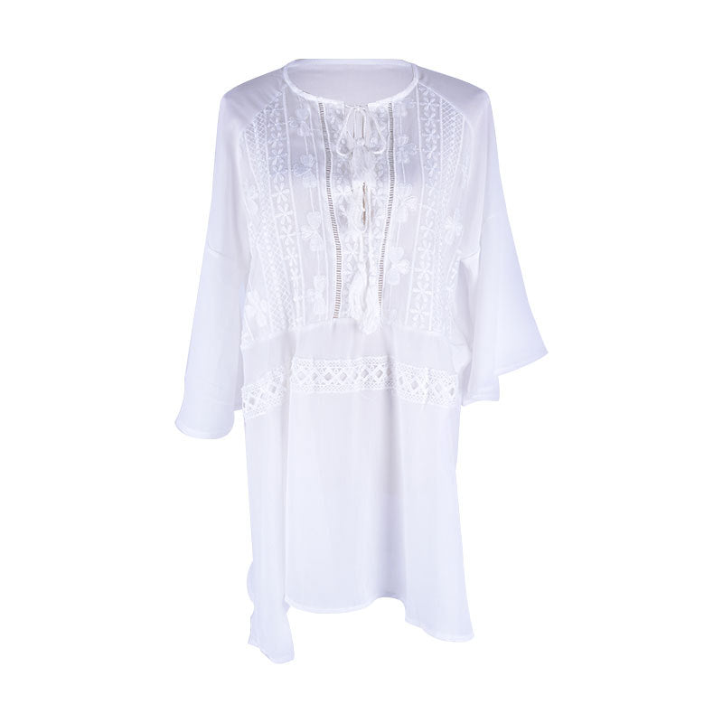 Yupova Women's White Chiffon Beach Cover Up Tassel V Neck Swim Cover Up Dress