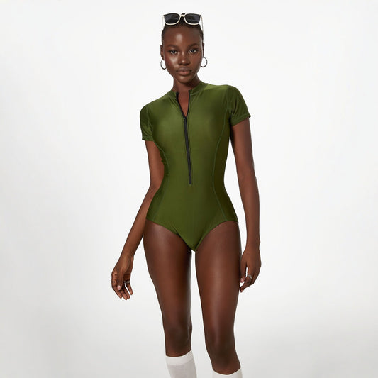 Yupova Women Green Short Sleeve One Piece Swimsuit with Padded No Underwire Swimwear
