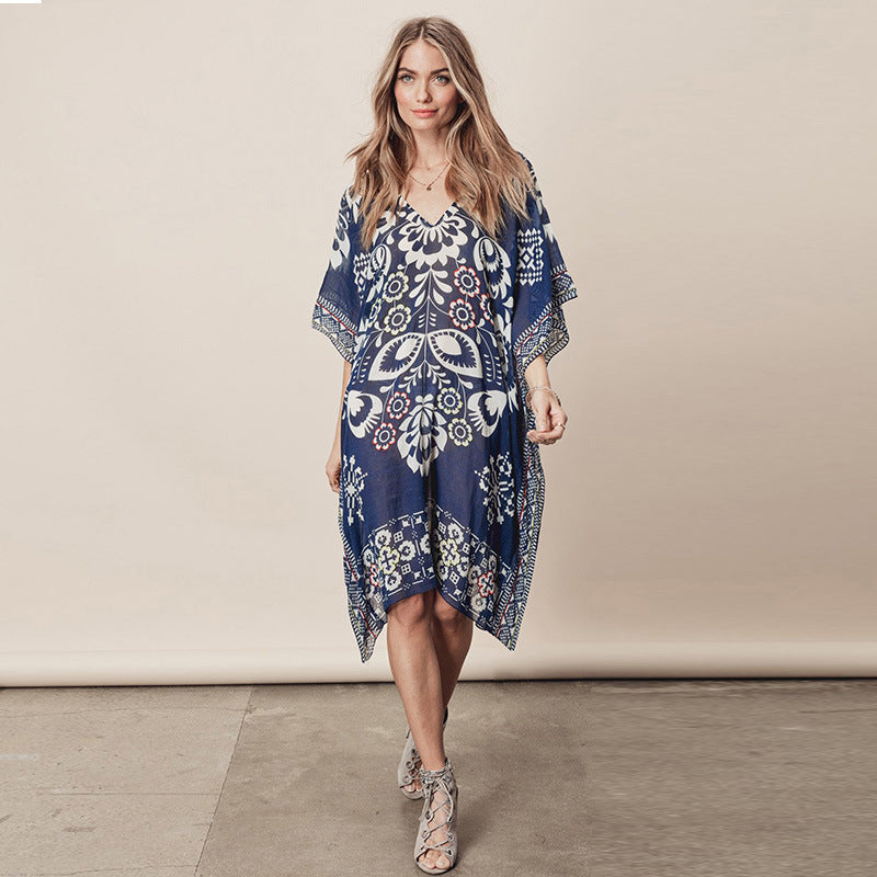 Yupova Women's Navy Floral Chiffon Beach Cover Up Kaftan Swim Cover Up Dress