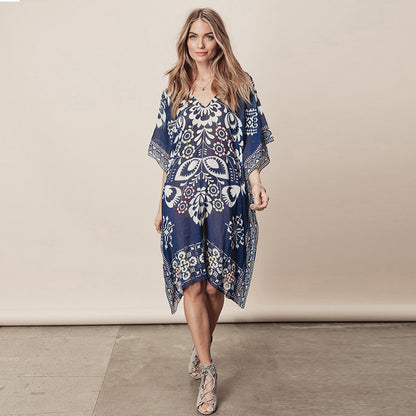 Yupova Women's Navy Floral Chiffon Beach Cover Up Kaftan Swim Cover Up Dress