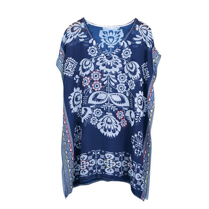 Yupova Women's Navy Floral Chiffon Beach Cover Up Kaftan Swim Cover Up Dress