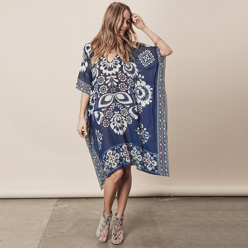 Yupova Women's Navy Floral Chiffon Beach Cover Up Kaftan Swim Cover Up Dress