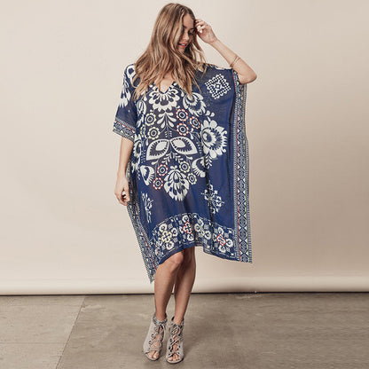 Yupova Women's Navy Floral Chiffon Beach Cover Up Kaftan Swim Cover Up Dress