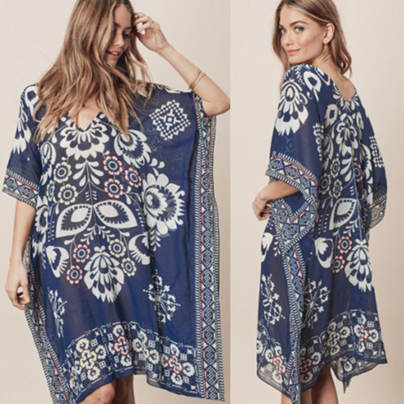 Yupova Women's Navy Floral Chiffon Beach Cover Up Kaftan Swim Cover Up Dress
