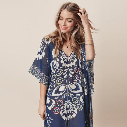 Yupova Women's Navy Floral Chiffon Beach Cover Up Kaftan Swim Cover Up Dress