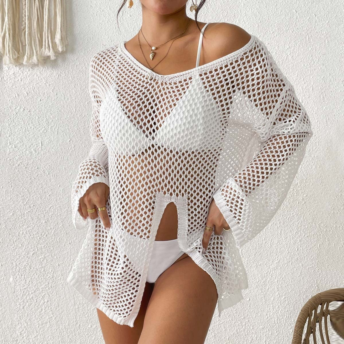 Yupova Women's Mesh Beach Cover Up Long Sleeve V Neck Swim Cover Up Dress