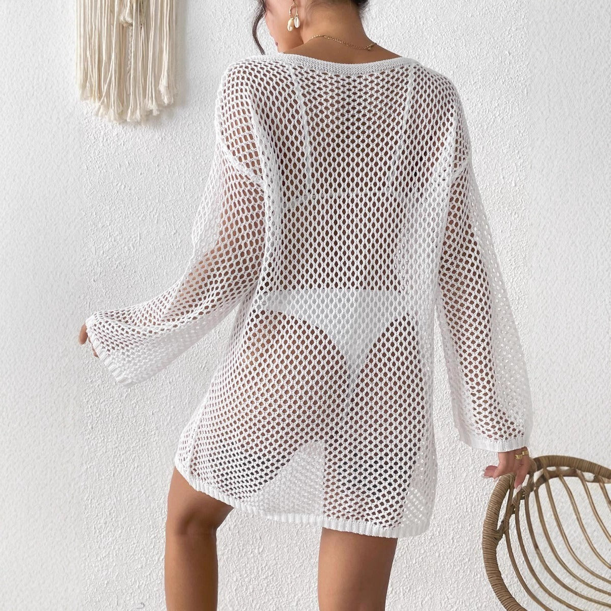 Yupova Women's Mesh Beach Cover Up Long Sleeve V Neck Swim Cover Up Dress