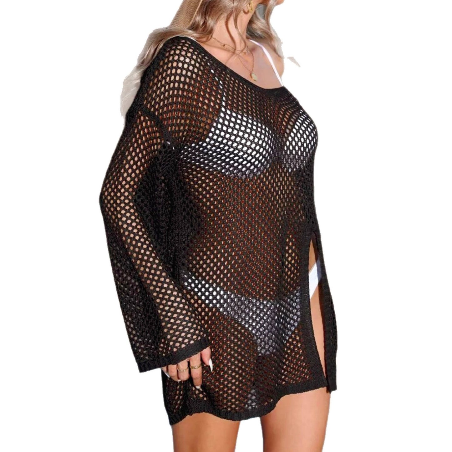 Yupova Women's Mesh Beach Cover Up Long Sleeve V Neck Swim Cover Up Dress