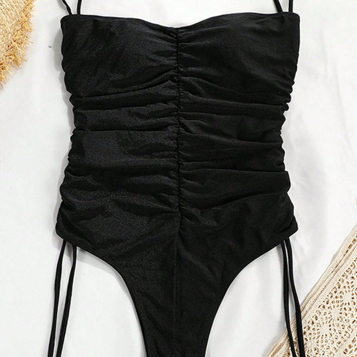 Yupova Women's Ruched One Piece Swimsuit Strapless Drawstring Bathing Suit with Padded Cups